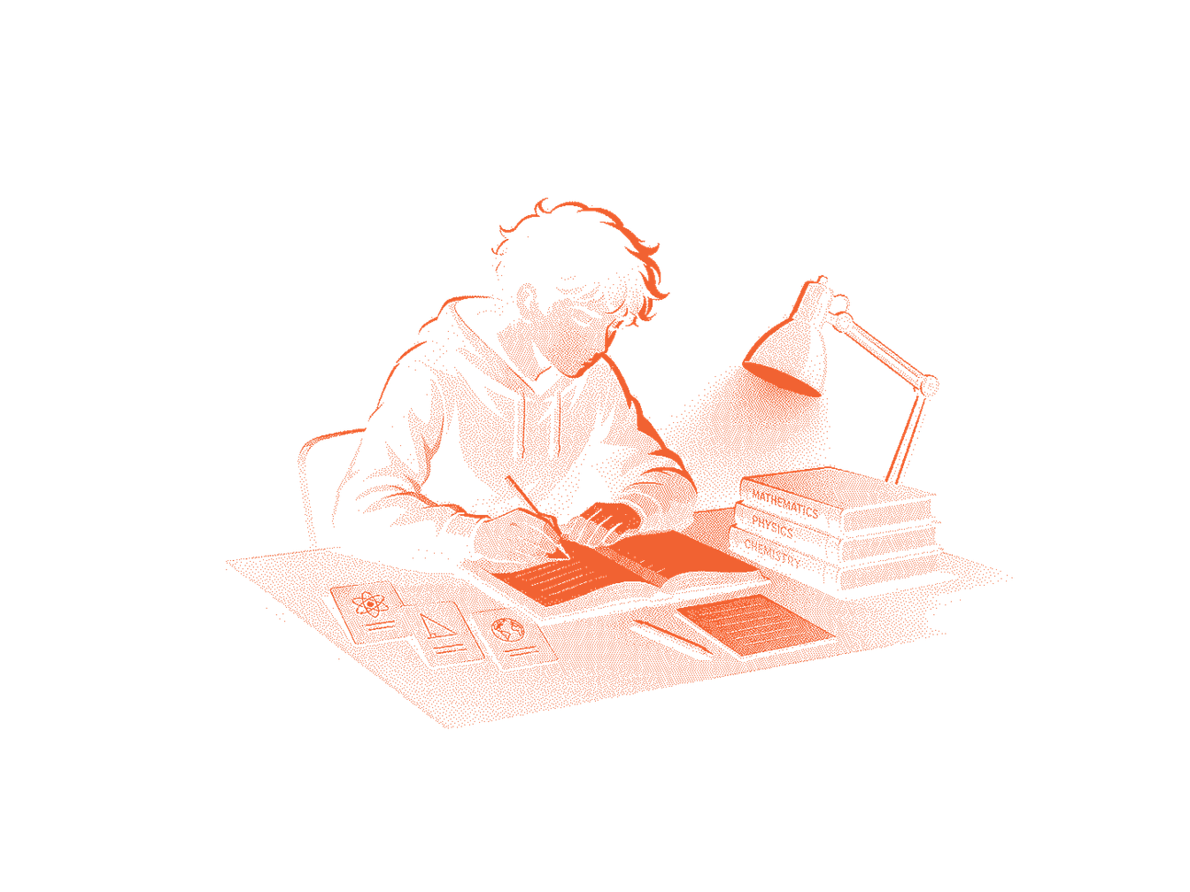 A student writing at a desk under a lamp, with textbooks stacked beside them and flashcards spread across the desk.