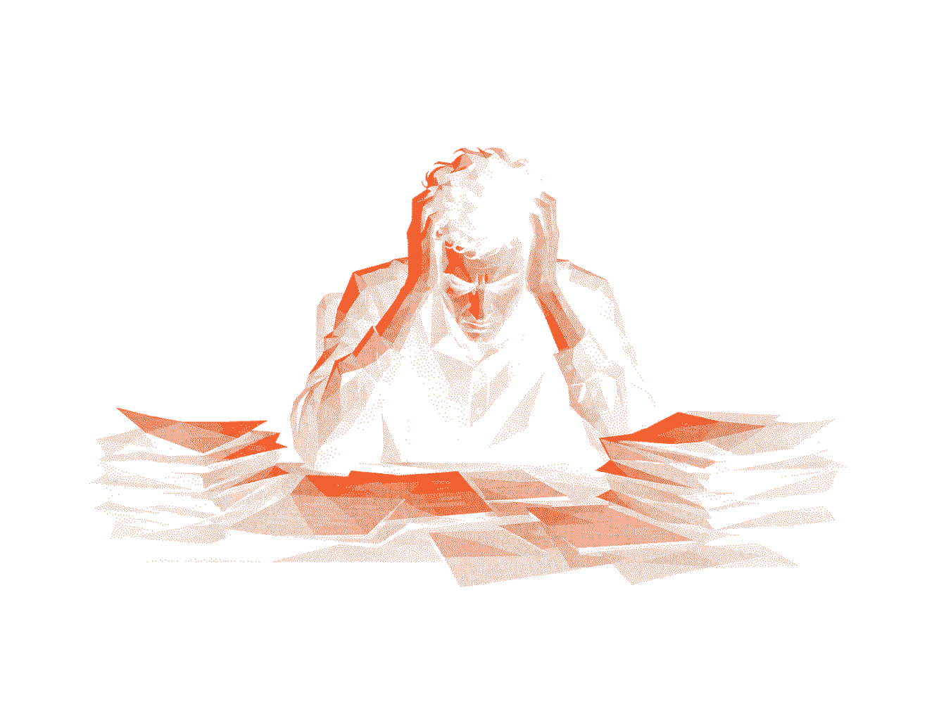 A person sitting with their head in their hands, surrounded by scattered piles of paper.