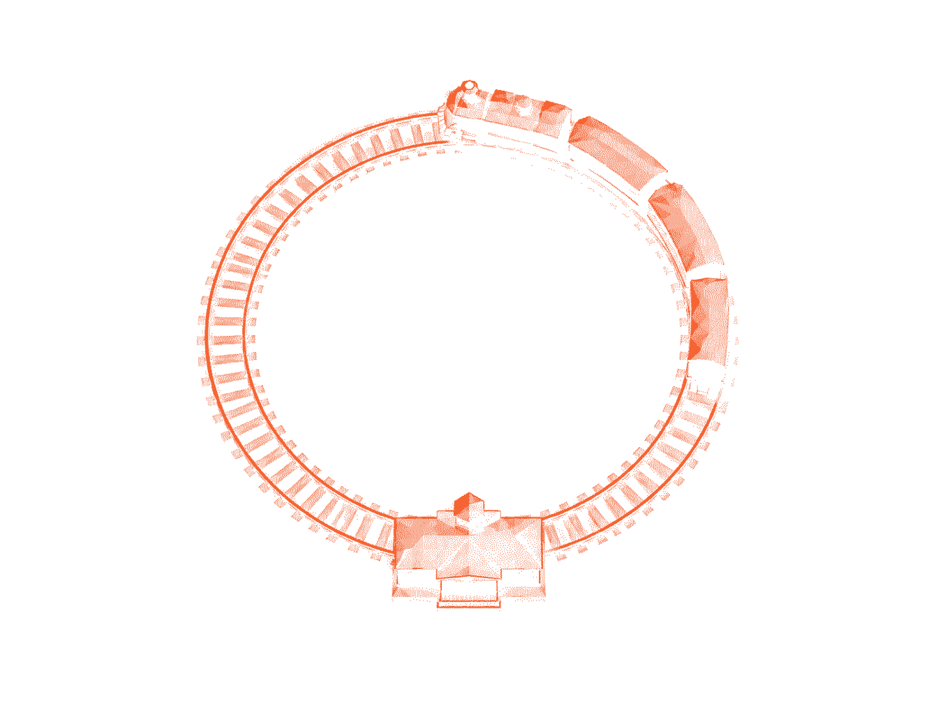 A model train running on a circular track that loops back on itself, with no end point.