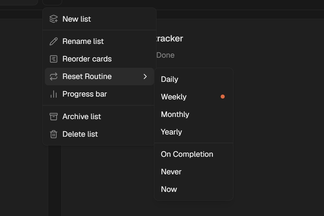 Nearer showing the Weekly Review routine menu with daily, weekly, monthly, yearly, on-completion, and manual reset options.