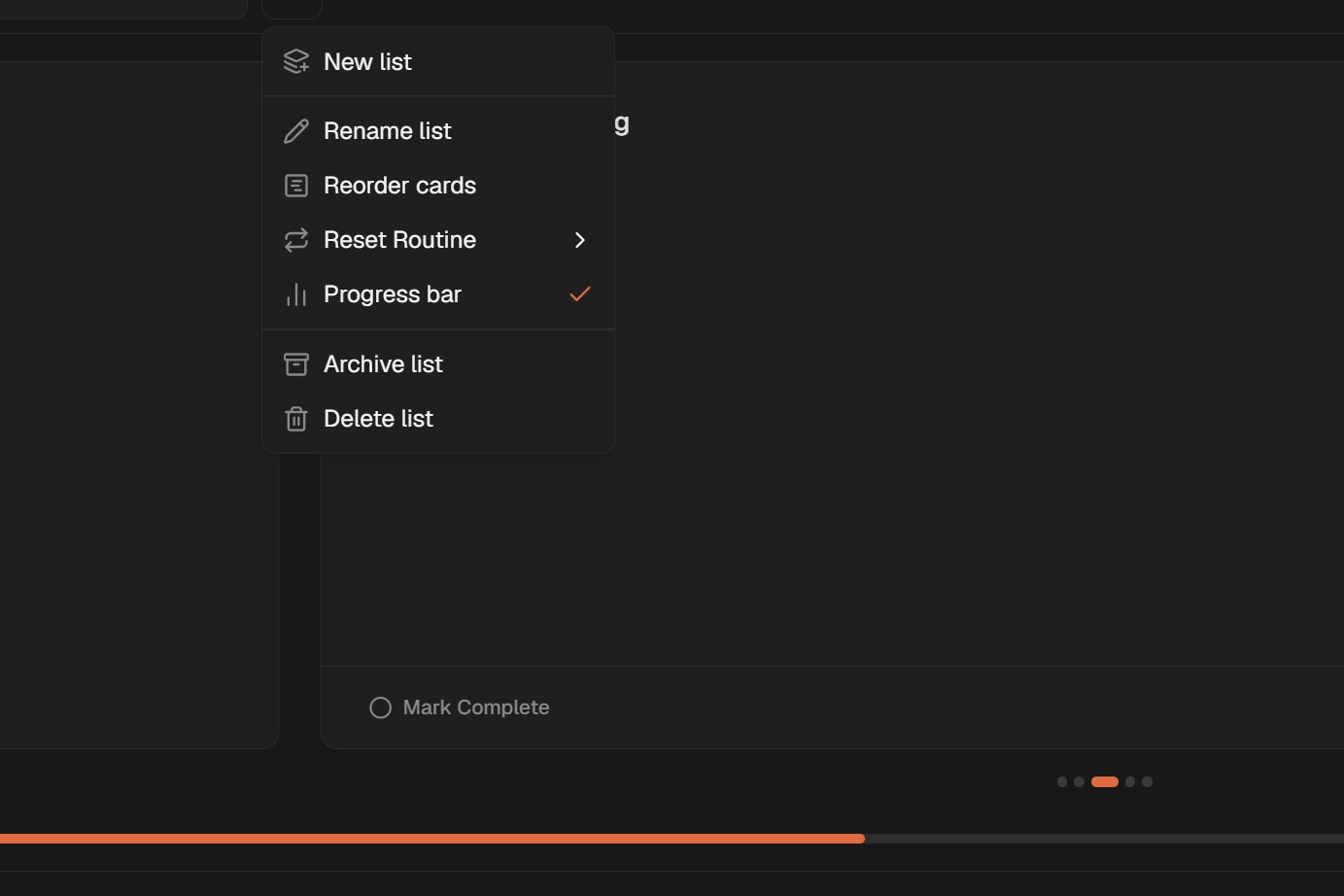 Nearer showing Evening Reset controls with the progress bar setting enabled over a populated routine list.